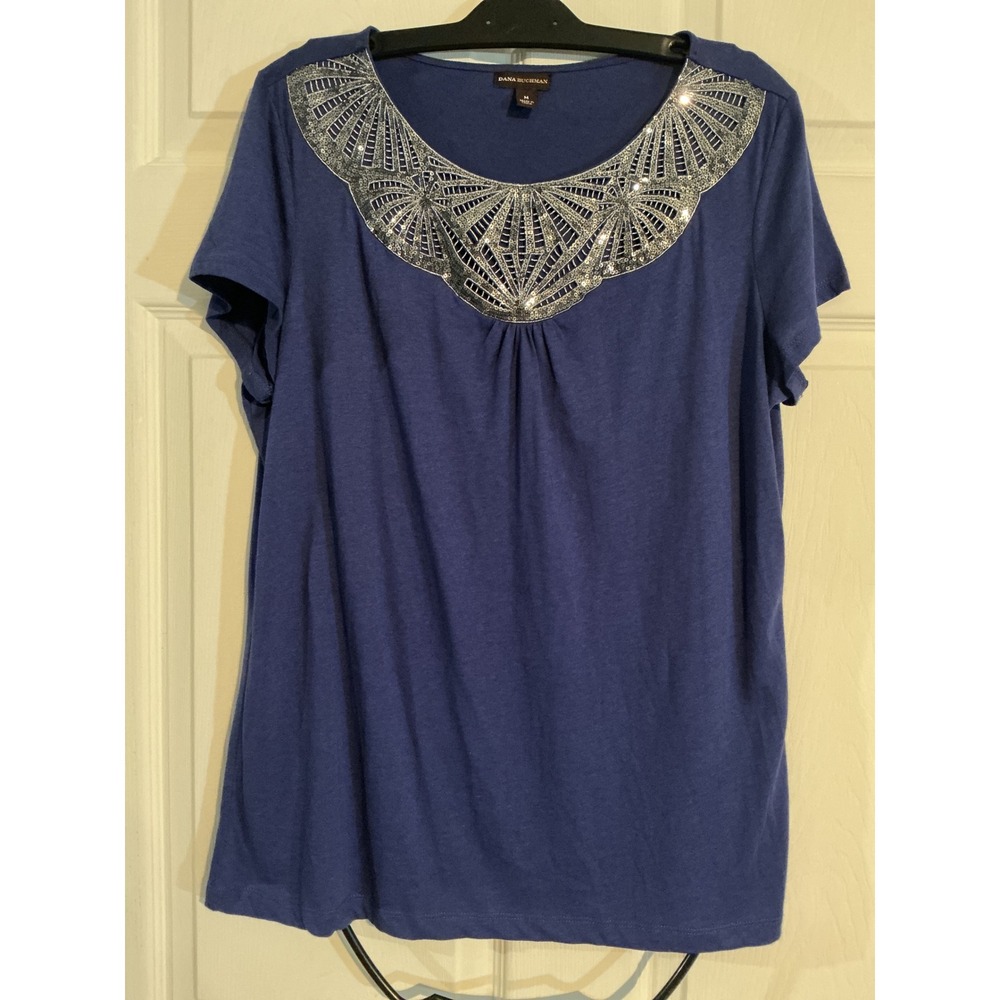 Dana Buchman Womens Blue Sequin Embellished Short Sleeve Top Size M Cotton Modal